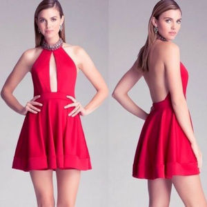 💋 Bebe red halter embellished open bss ask  dress M New RARE 💋